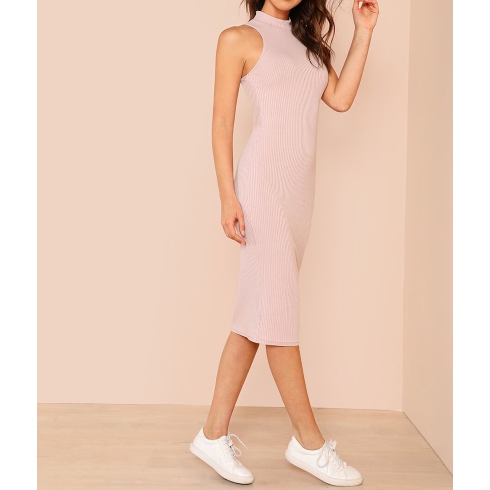 Blush Pink Halter Bodycon Ribbed Midi Dress - Picture 3 of 6